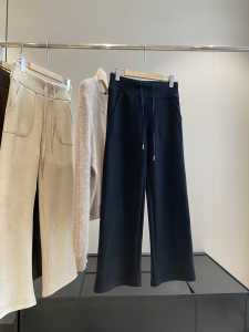 in BLUE กางเกงขายาวทรงหลวมเอวสูงผ้าลินินฤดูใบไม้ร่วง/ฤดูหนาว กางเกงโยคะขากว้าง ผูกเชือก ทรงเข้ารูป กางเกงขายาวลำลอง