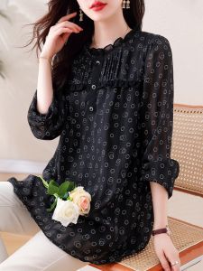 เสื้อเชิ้ตผ้าชีฟองพิมพ์ลายขนาดใหญ่สำหรับผู้หญิง แขนยาว ทรงหลวม ทรงพอดีตัว ทรงคลาสสิก แขนยาวปานกลาง เสื้อผ้าทำงานสไตล์เกาหลี