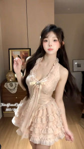 Summer 2025 Pure Desire Sweet Princess Style Waist Cinching Slimming Sleeveless V-Neck Pink Halter Dress Womens Gown