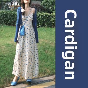 Karrar betsey | Blue Korean Style Flounced Floral Spaghetti Strap Cardigan Dress