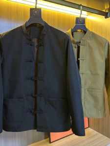 Mens Casual Thin Jacket with Wind Button Stand Collar Business Leisure Chinese Style Top Autumn New Tang Costume Open Cardigan