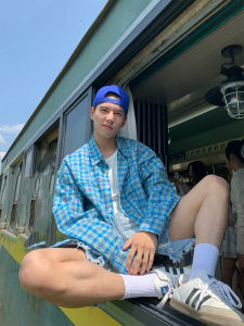 Holocene American Trendy Blue Plaid Long Sleeve Shirt Jacket Mens Loose Retro  Style Polyester Fiber Summer Fashion