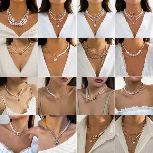 Retro Imitation Pearl Splicing Simple Necklace Womens Creative Personality round Bead Chain Layered Wear Necklace Accessory