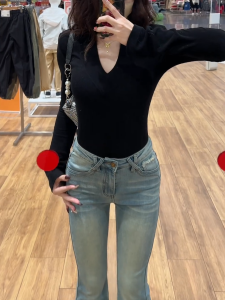 High Waist Slim Fit Jeans Bell Bottoms Casual Cotton Stretch Denim Light Blue Elastic Slimming Everyday Versatile Spring New Arrival