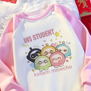 Girls Pure Cotton round Neck Sweatshirt Cartoon Animation Childrens Clothing Autumn Winter New Style Color Block Shoulder Girls Top