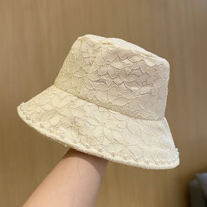 Breathable Lace Pearl Hollow out Fishing Cap Women Summer Travel Foldable Thin Face Slimming Hat Casual Style Wide Brim Hat