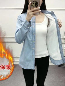 Light Blue Bandage Dress Soft Denim Shirt Female 2023 Spring & Fall Pure Cotton Shirt Silm Elegant Velvet Padded Thickened Coat Winter