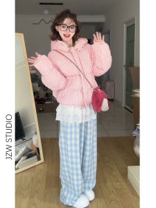 กางเกงขายาวทรงตรงเอวสูงผ้าลายสก็อตสีน้ำเงินสไตล์เกาหลีสำหรับผู้หญิง ทรงหลวม ทรงหลวม เอวสูง ทรงตรง ยาวถึงพื้น