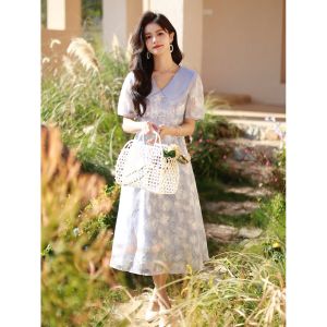 Impression Fashion Store Women Chiffon Lapel Collar Short Puff Sleeve Floral Slim A-line Long Dress