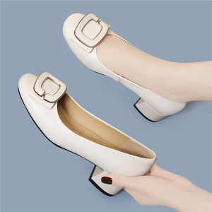 รองเท้าส้นสูงหนังทาสีสำหรับผู้หญิง รองเท้าส้นหนา รองเท้าส้นกลาง รองเท้าทำงาน รองเท้าหนังขนาดเล็ก รองเท้าทำงานสำหรับคุณแม่ รองเท้าส้นแบน