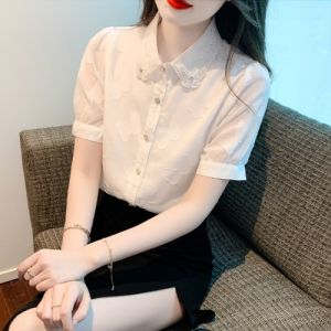 Fashionable Ladies Summer Short Sleeve Cotton Casual Shirt Beautiful and Unique Doll Collar Top Quality Shirt