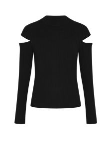 UR&DC2024 Autumn New French Fashion Design Hollow out Knitted Top Womens Black Tight Base Layer Shirt Long Sleeve Stand Collar
