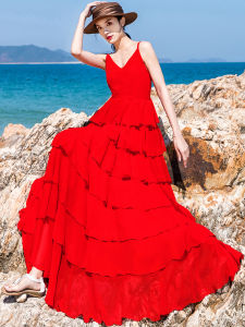 Sanya Travel Photo Beautiful Cake Dress Seaside Vacation Dress Womens Big Red Long Skirt Beach Dress with Suspenders
