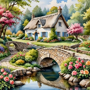 KAYOU | Watercolor Thatched Cottage Stone Bridge Stream Rose Garden Full Drill Diamond Painting Wall Decor Gift