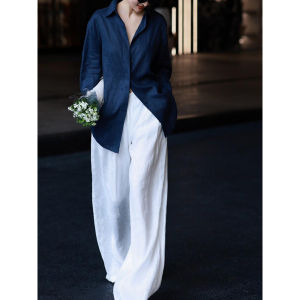 Bộ Áo Sơ Mi Nữ Tay Dài Màu Xanh Cạp Cao Thời Trang Thu Đông 2024 Bộ Đồ Hai Mảnh Chất Liệu Polyester Dài Thường Ngày