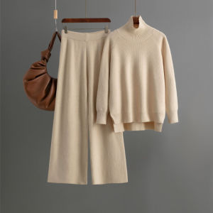Autumn Winter Women High Neck Elegant Knit Sweater Top Pants 2-piece Sets Long-sleeved Pullovers Casual Loose Womens Clothing