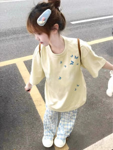 2025 New Pure Cotton Butterfly Print Short Sleeve Womens T-shirt Summer Small Size Versatile College Style Apricot Top