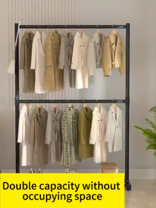 KILAU Hanger bedroom organizer floor-mounted double-pole double-layer hanger hanger steel drying rack indoor and outdoor