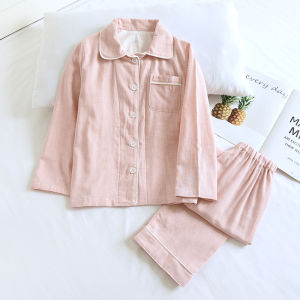Japanese Solid-Color Pajamas Class a Kids Spring/Summer Thin Pure Cotton Double-Layer Gauze Long Sleeves Boys and Girls Cotton Homewear