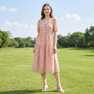 Floral V-Neck Waist-tie Slimming Long Summer Dress