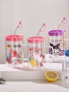 Hellokitty ถ้วยแก้วน้ำมีหลอดหญิงแก้วใช้ในสำนักงานสูงถ้วยน้ำความจุขนาดใหญ่ที่ใช้ในครัวเรือน