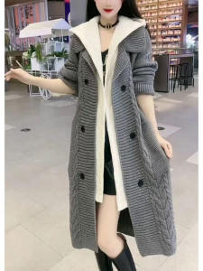 Korean Style Hooded Thickened Mid-Length Loose Womens Jacket Autumn Winter New Fashionable Sweater Coat Simple Commute Style