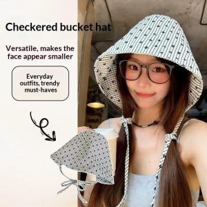 New Large Brim Foldable Bucket Hats With String For Women Korean Striped Female Panama Bob Outdoor Beach Fishermen Hat