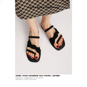 Black Genuine Leather Hepburn Sandals Womens Summer New High Heel Buckle Flat Beach Slippers Outdoor Wear Casual Low Help