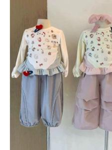 ชุดฤดูใบไม้ร่วงสำหรับเด็กผู้หญิง ชุดสองชิ้น แขนสั้น ลำลอง แฟชั่น ฤดูใบไม้ผลิและฤดูใบไม้ร่วง ชุดสเวตเตอร์และกางเกงขายาว