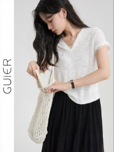 White V-neck Lace Splicing Tee Short Sleeve