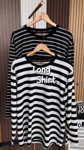 DEEM Womens T-shirt Black and White Striped Embroidered Logo Long Sleeved tshirt Perempuan Lengan Panjang Hitam Putih Berjalur Baju