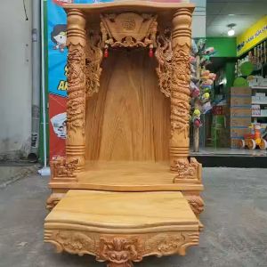 Bàn thờ thần tài ông địa gỗ gõ đỏ ngang 68 cm cột 10 cm hộp đèn
