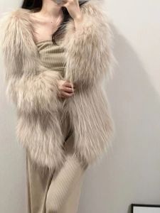Womens Fur Coat 2024 Winter New Style Fox Fur Mink Long Sleeve V-Neck Commute Three Button Regular Thickness Medium-Length