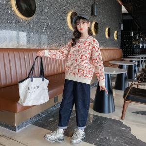 Berydia Childrens Fleece Lined Knitted Sweater Girls Thickened Base Layer Shirt Korean Style round Neck Long Sleeve Top