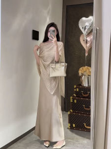 Fashionable Satin Wrap Dress And See through Top Set Elegant Slimming Lazy Style High Waist a Line Long Skirt Spring Summer Autumn