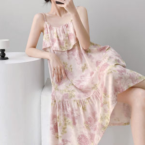 ชุดนอนผ้าไหมผ้าฝ้ายสําหรับผู้หญิงฤดูร้อนสไตล์บางรายละเอียดลูกไม้สีบริสุทธิ์ชุดยาวพร้อมแขนสลิงสําหรับเยาวชน