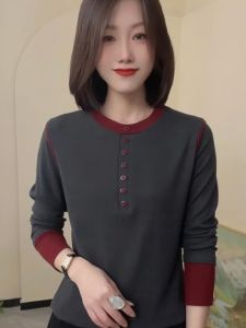Fall 2024 New Arrival Long Sleeves T-Shirt Womens Loose Slimming and All-Matching round Neck Patchwork Color Contrast Bottoming Shirt Tops
