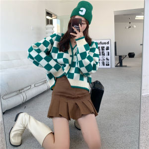 เสื้อครอปไหมพรมแขนยาว เสื้อไหมพรมลายตาราง เสื้อไหมพรมเเขนยาว นเกาหลี 50030