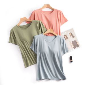 Short-Sleeved T-shirt with Chest Pad Bra Cup One-Piece Loose Plus Size Tops Home Wear Base Pajamas Summer Outwear