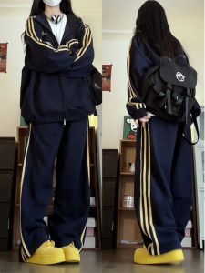 หลวม ขากว้าง กางเกง ชุดสองชิ้น สีดำ ลำลอง ชุดกีฬา ผู้หญิง หลวม Fit เสื้อสเว็ตเชิ้ต ฤดูใบไม้ร่วง สไตล์อเมริกัน พลัสไซส์