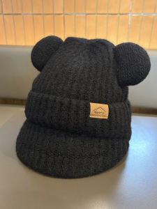 Cute Bear Ear Knitted Hat Womens Autumn Winter Warm Ear Protection All-In-One Knit Cap Face Slimming Duckbill Cap Trendy