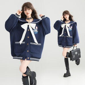 เสื้อแจ็คเก็ตคอปกนักศึกษา KEIKO ทรงหลวม แขนยาว ปกคอสีน้ำเงิน ปิดด้วยกระดุม ผ้าฝ้ายผสมโพลีเอสเตอร์ ฤดูใบไม้ร่วง 2025