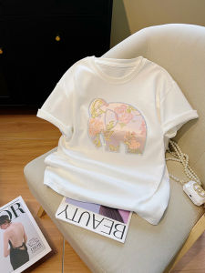 White Rhinestone Elephant Short Sleeve T-Shirt Womens Summer Loose Shoulder Design Korean Style Cotton Blend Casual Top