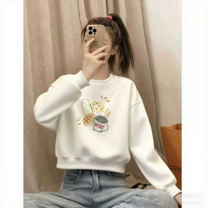 SUSHOUWANGE | Cartoon Print Fleece Short Round Neck Sweater for Women