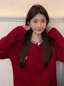 BINKAFENNY | Retro Red Sequin Knitted Open Cardigan Womens Early Autumn Thin Shoulder Wrap Outerwear Unique Exquisite Top