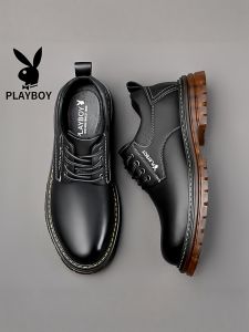 Playboy Mens Shoes New Leather Business Formal British Style Thick Bottom Martin Boots Casual Leather Shoes for Men round Toe