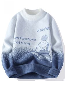 ROMON | Romon Mens Knitted Fleece-lined Casual Round Neck Sweater Winter Thick Warm Loose Fit Overhead Style Fashionable Leisure Wear