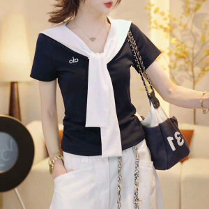 Shalldoer | Summer Casual Outfit Womens Navy Collar Short Sleeve T-Shirt Wide Leg Pants Two-Piece Set Elegant Casual Wear For Teens