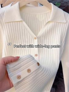 Spring Fashionable French Stylish Slim Fit Long Sleeve Polo Neck Knitted Top
