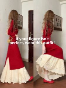 CHANGTONG | Elegant Red Cheongsam Style Outfit Jacket and Skirt Set